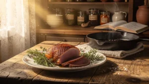 Magret confit maison sur table rustique, cuisson parfaite, ambiance chaleureuse de cuisine familiale traditionnelle