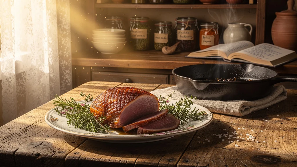 Magret confit maison sur table rustique, cuisson parfaite, ambiance chaleureuse de cuisine familiale traditionnelle
