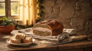 Terrine de campagne traditionnelle sur table en bois dans cuisine rustique en automne, recette grand-mère