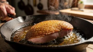 Magret de canard saisi côté peau en cuisson minute par minute dans une poêle en fonte