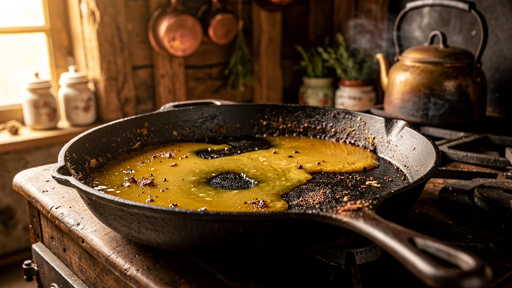 Foie gras poêlé fondu dans une poêle en fonte dans une cuisine rustique chaleureuse