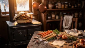 Cuisine d'hiver chaleureuse avec ragoût de manchons de canard fumant dans une cuisine rustique familiale