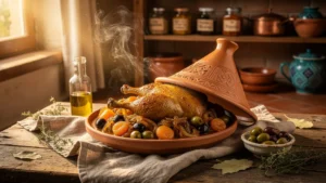 Tajine au confit de canard fusion Sud-Ouest et Maghreb, plat traditionnel en ambiance chaleureuse et rustique
