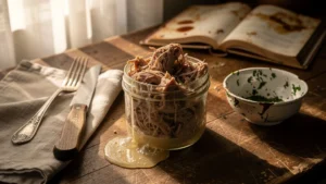 Confit de canard décongelé sur plan de travail en bois, texture perdue après congélation au lieu de conservation en graisse