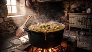 Image réaliste d’une garbure aux légumes en bouillie cuisant sur feu dans une cuisine rustique traditionnelle