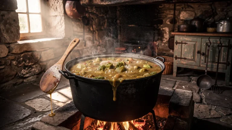 Image réaliste d’une garbure aux légumes en bouillie cuisant sur feu dans une cuisine rustique traditionnelle