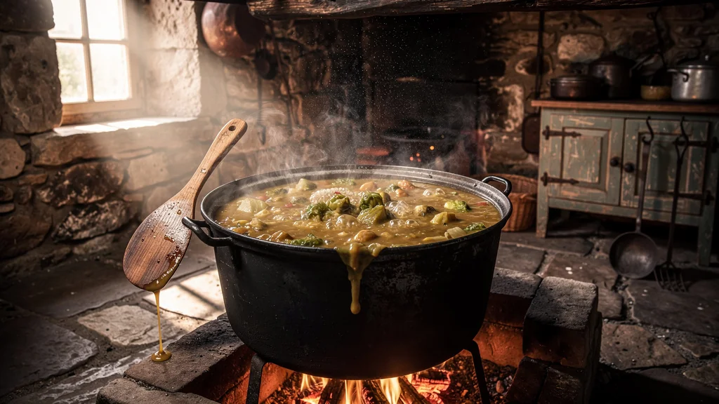 Image réaliste d’une garbure aux légumes en bouillie cuisant sur feu dans une cuisine rustique traditionnelle