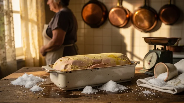Terrine de foie gras mal salé jetée sur un plan de travail en cuisine rustique chaleureuse