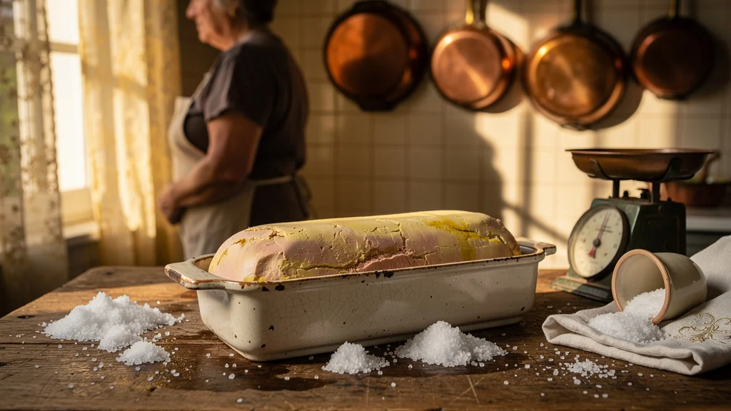 Terrine de foie gras mal salé jetée sur un plan de travail en cuisine rustique chaleureuse