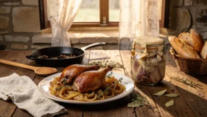 Comparaison hyper-réaliste confit de canard maison et en conserve dans une cuisine rustique française