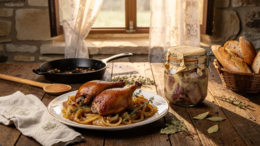 Comparaison hyper-réaliste confit de canard maison et en conserve dans une cuisine rustique française
