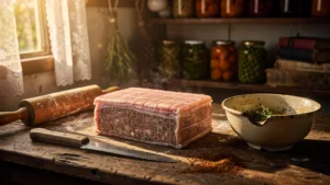 Terrine de campagne bardée dans une cuisine rustique, ambiance chaleureuse et lumière naturelle dorée