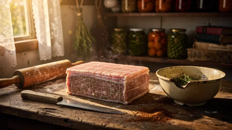 Terrine de campagne bardée dans une cuisine rustique, ambiance chaleureuse et lumière naturelle dorée