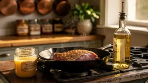Cuisine traditionnelle : graisse de canard et huile pour saisir un magret dans une cuisine chaleureuse