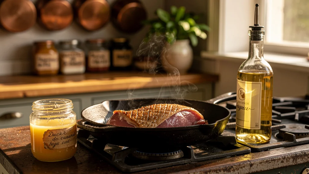Cuisine traditionnelle : graisse de canard et huile pour saisir un magret dans une cuisine chaleureuse