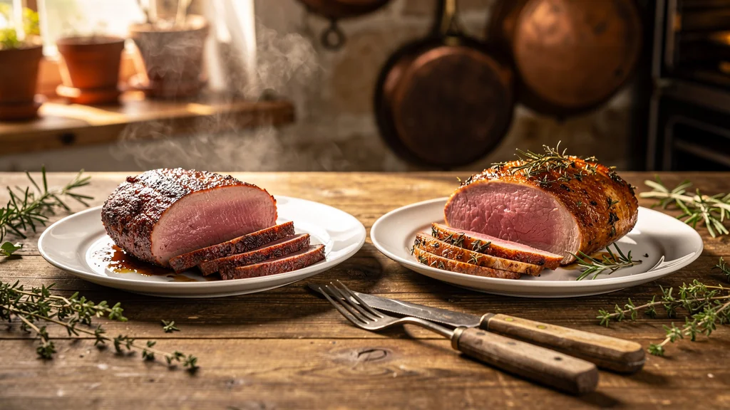 Comparaison de magret de canard cuit à la poêle et au four sur plan de travail en bois rustique