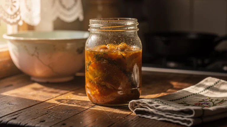 Photo réaliste d’un bocal de confit conservé un an sur un comptoir de cuisine rustique en lumière naturelle