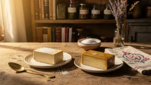 Deux terrines de foie gras salé 12 puis 24 heures posées sur un plan de travail en bois lumineux