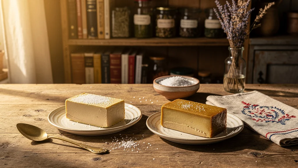 Deux terrines de foie gras salé 12 puis 24 heures posées sur un plan de travail en bois lumineux