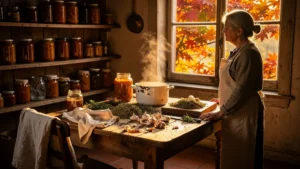 Cuisine rustique d’automne avec bocaux de confit ratés et ambiance chaleureuse et nostalgique