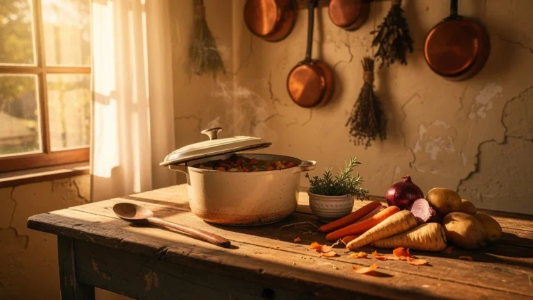 Cocotte en fonte rustique avec ragoût mijoté dans une cuisine chaleureuse et traditionnelle
