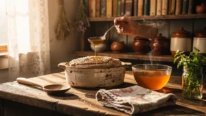 Terrine salée sauvée avec un simple bouillon dans une cuisine rustique chaleureuse et lumineuse