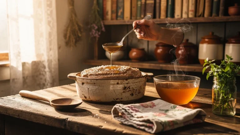 Terrine salée sauvée avec un simple bouillon dans une cuisine rustique chaleureuse et lumineuse