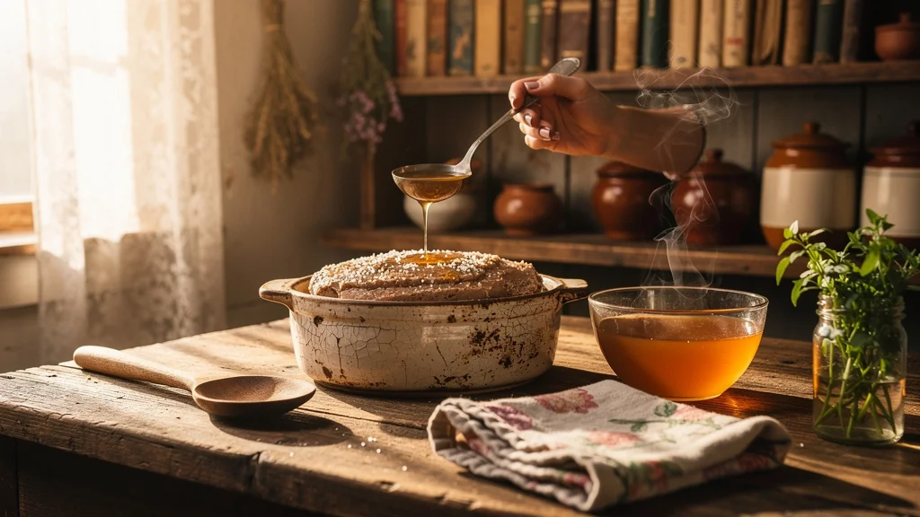Terrine salée sauvée avec un simple bouillon dans une cuisine rustique chaleureuse et lumineuse