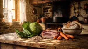 Cuisine traditionnelle de la garbure dans une cuisine rustique française d'il y a cinquante ans