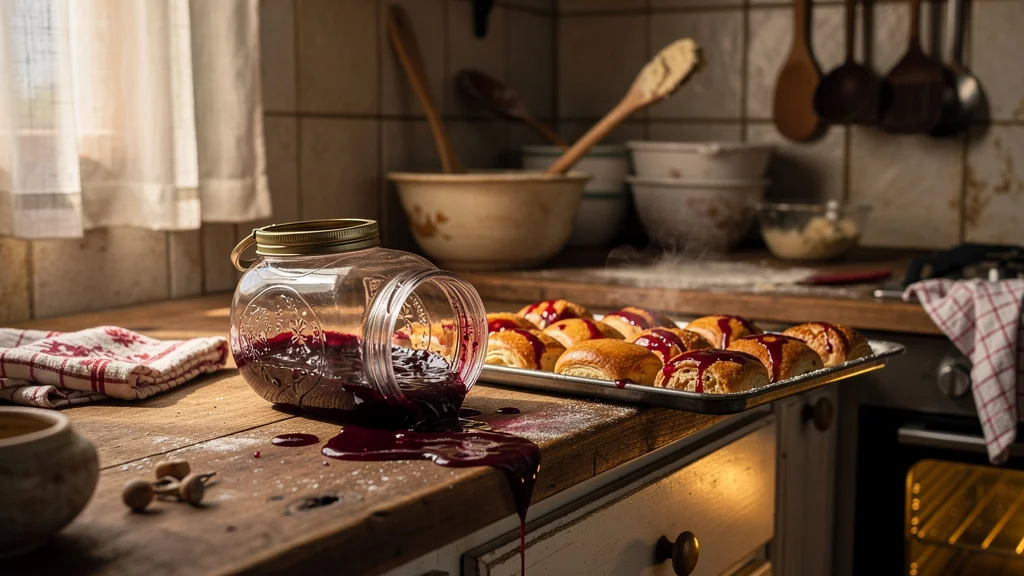 Cuisine rustique avec un bocal mal fermé renversé gâchant une fournée de pâtisseries fraîchement cuites
