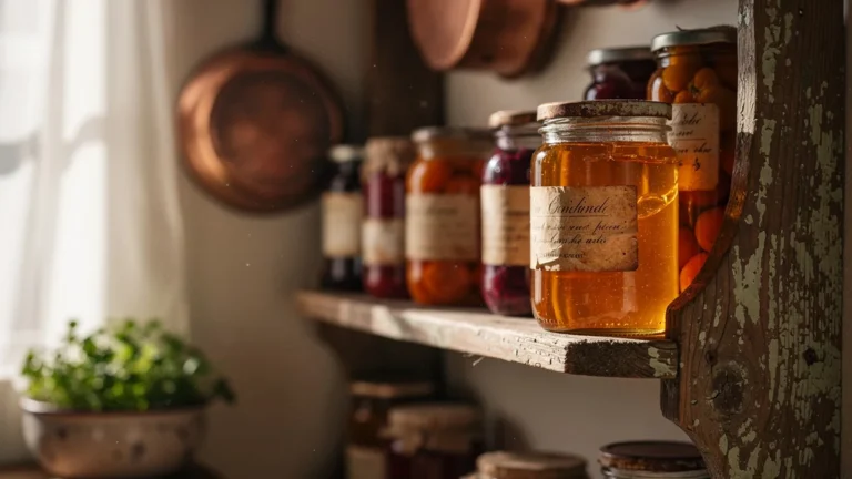 Confit oublié au fond du placard, jarre vintage lumineuse au cœur d’une cuisine rustique chaleureuse