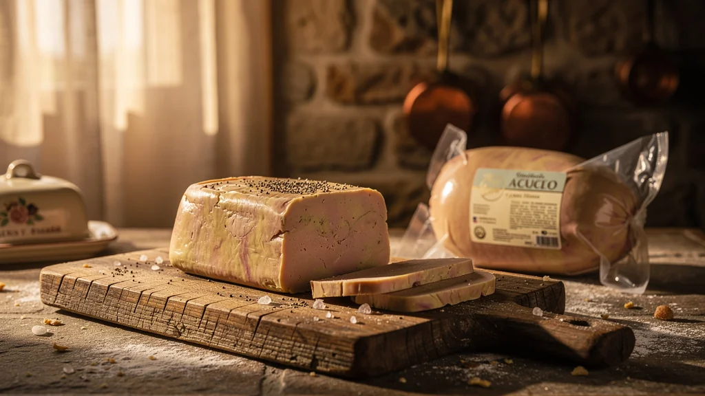 Foie gras mi-cuit maison tranché posé sur planche en bois, comparé à foie gras entier du commerce sous emballage