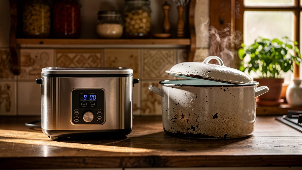 Comparaison réaliste entre stérilisateur électrique moderne et marmite traditionnelle en cuisine familiale
