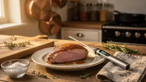 Magret de canard rosé avec thermomètre de cuisson posé sur plan de travail en bois rustique