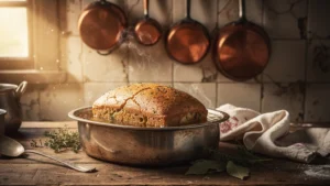 Terrine cuisant au bain-marie dans une cuisine rustique avec lumière dorée et ambiance chaleureuse