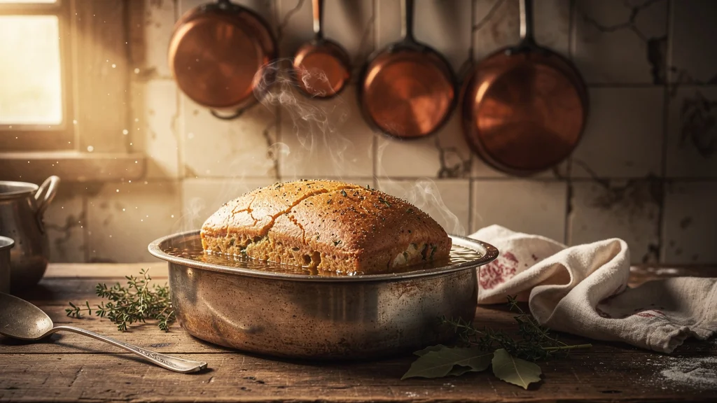 Terrine cuisant au bain-marie dans une cuisine rustique avec lumière dorée et ambiance chaleureuse