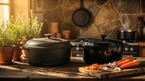 Comparaison en cuisine entre une vieille cocotte en fonte usée et une cocotte neuve brillante