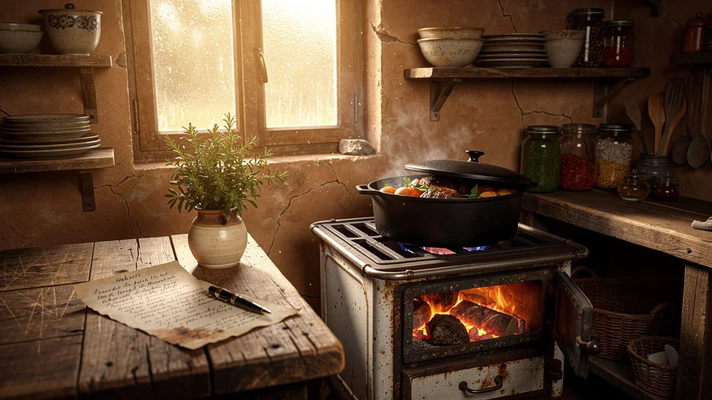 Cuisine rustique avec estouffade mijotée au feu et ambiance chaleureuse rappelant un héritage familial