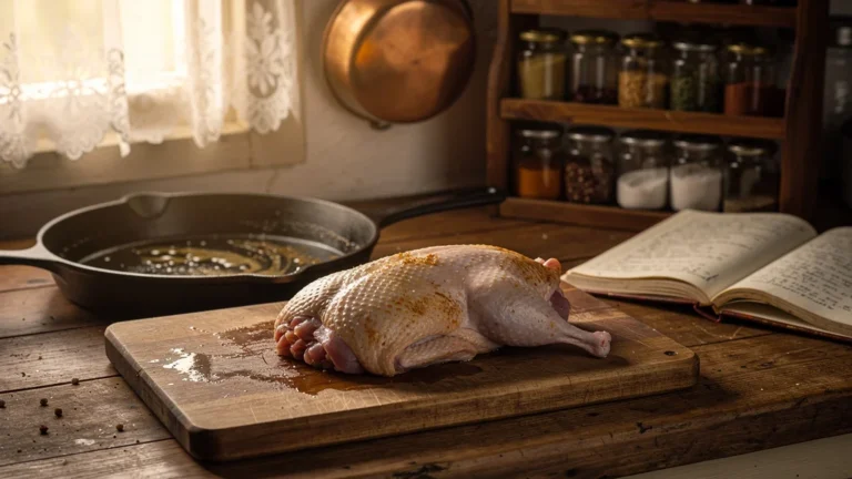 Magret de canard mal saisi côté peau, sortie trop froide, illustration culinaire réaliste en cuisine rustique