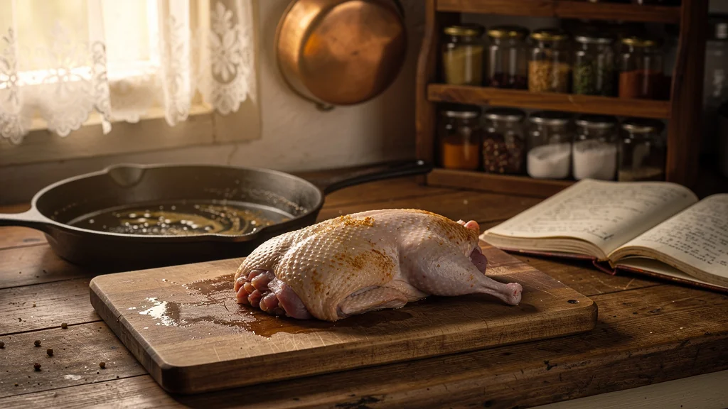 Magret de canard mal saisi côté peau, sortie trop froide, illustration culinaire réaliste en cuisine rustique