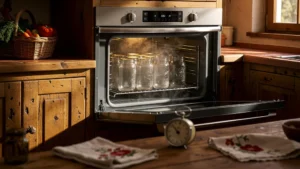 Stérilisation de bocaux en verre au four dans une cuisine rustique chaleureuse et authentique