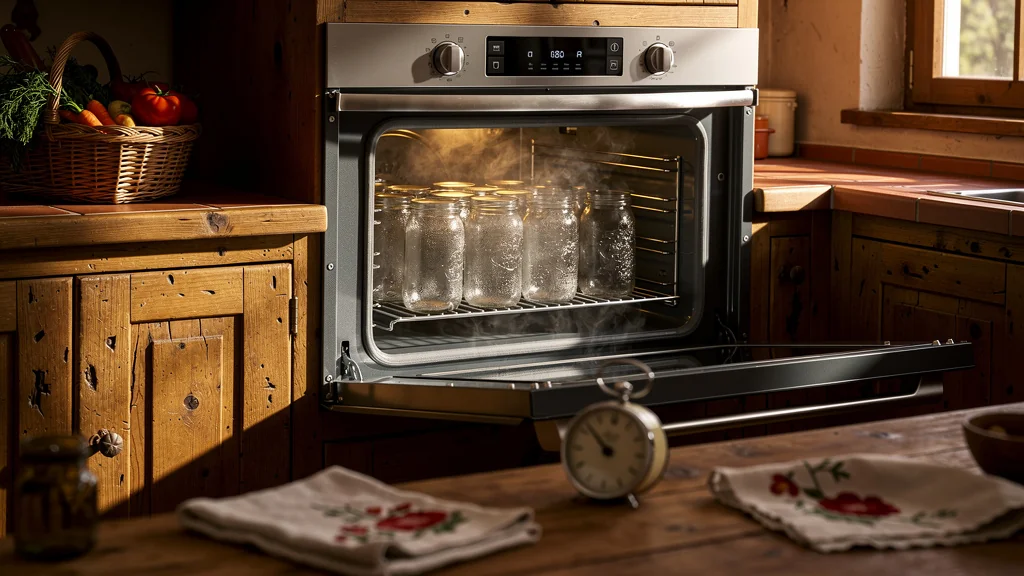 Stérilisation de bocaux en verre au four dans une cuisine rustique chaleureuse et authentique