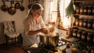 Femme de 59 ans stérilisant ses premiers bocaux dans une cuisine rustique, symbole de patience et tradition