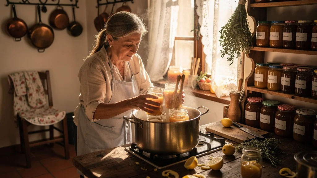 Femme de 59 ans stérilisant ses premiers bocaux dans une cuisine rustique, symbole de patience et tradition