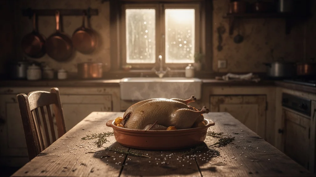 Confît de canard maigre dans une cuisine rustique, symbole d'une recette sans saveur décevante