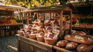 Marché de producteurs authentique avec foie gras artisanal, lumière naturelle et ambiance chaleureuse