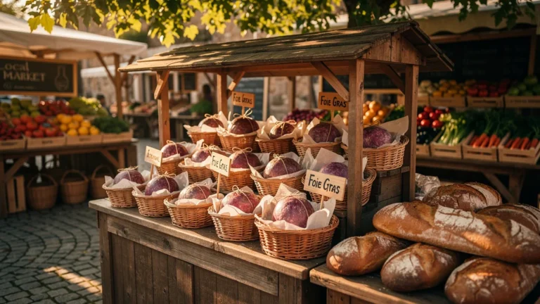 Marché de producteurs authentique avec foie gras artisanal, lumière naturelle et ambiance chaleureuse