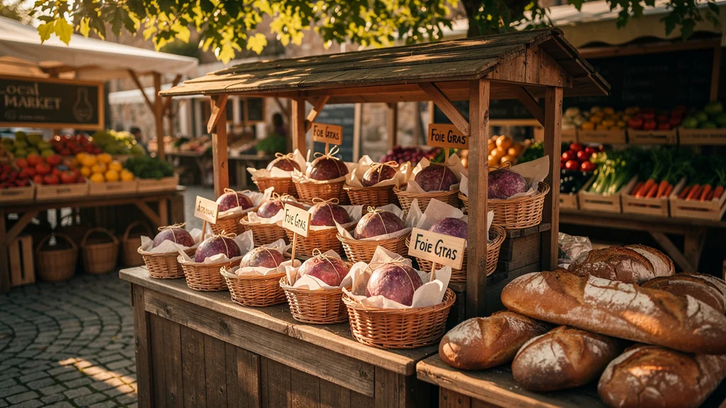 Marché de producteurs authentique avec foie gras artisanal, lumière naturelle et ambiance chaleureuse