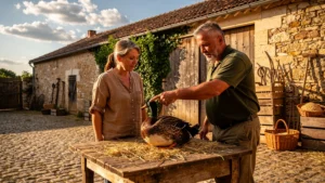 Producteur du Gers montrant à une cuisinière comment choisir un canard gras en ferme authentique
