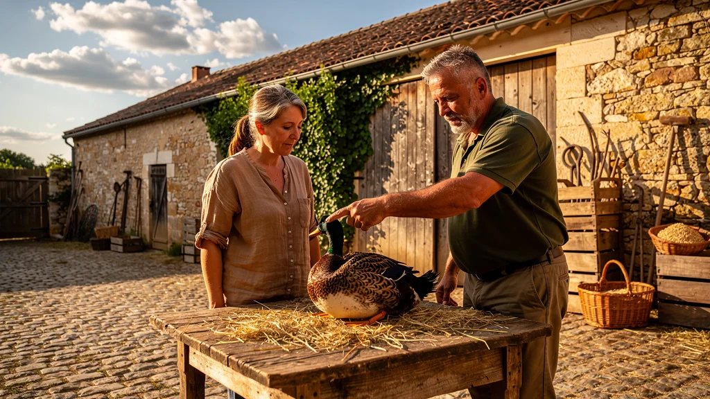 Producteur du Gers montrant à une cuisinière comment choisir un canard gras en ferme authentique